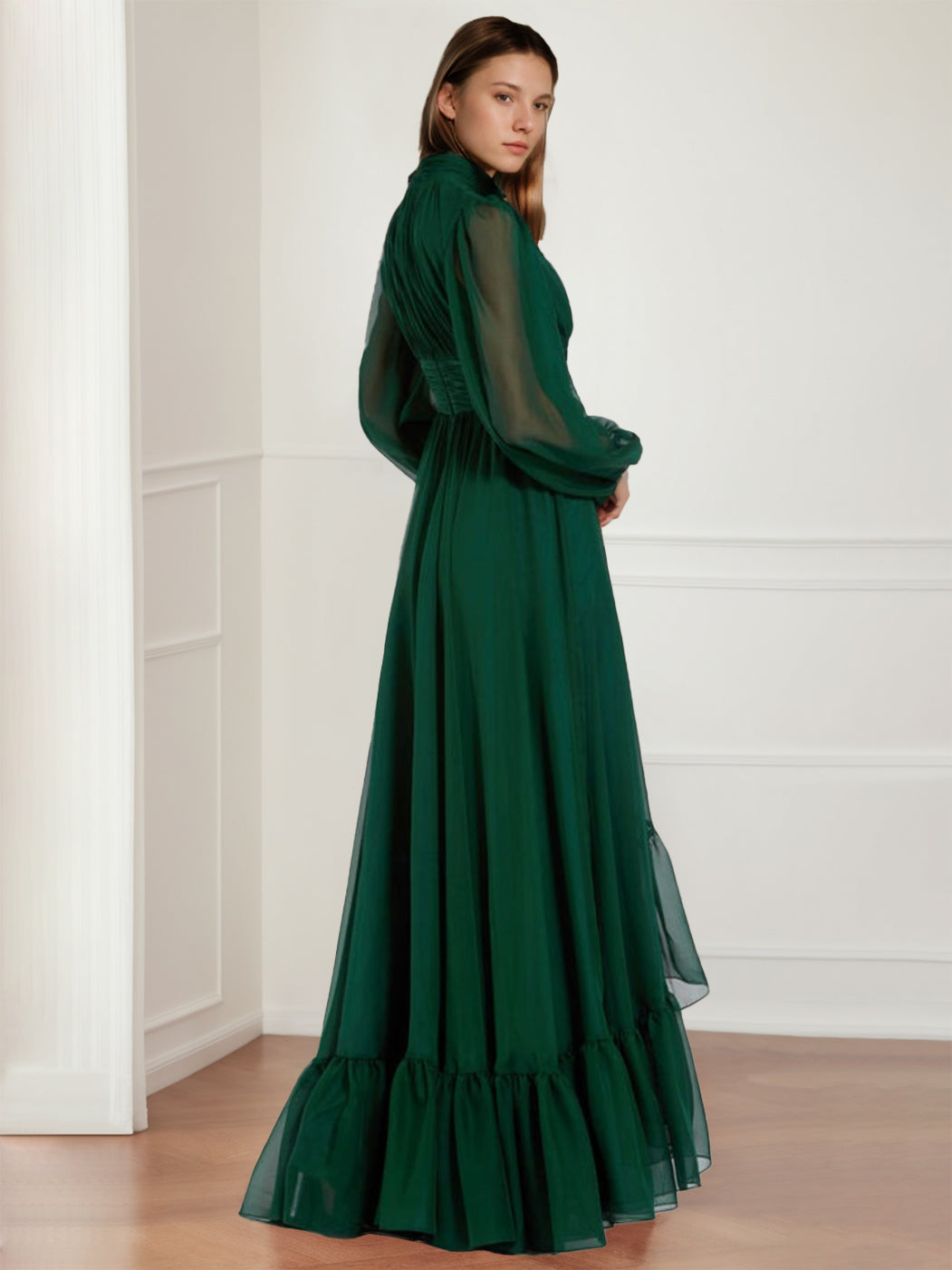 Robe de Mère de la Mariée Asymétrique à Manches Longues et Col Bijou, Coupe A-Line/Princess, avec Fleurs et Volants