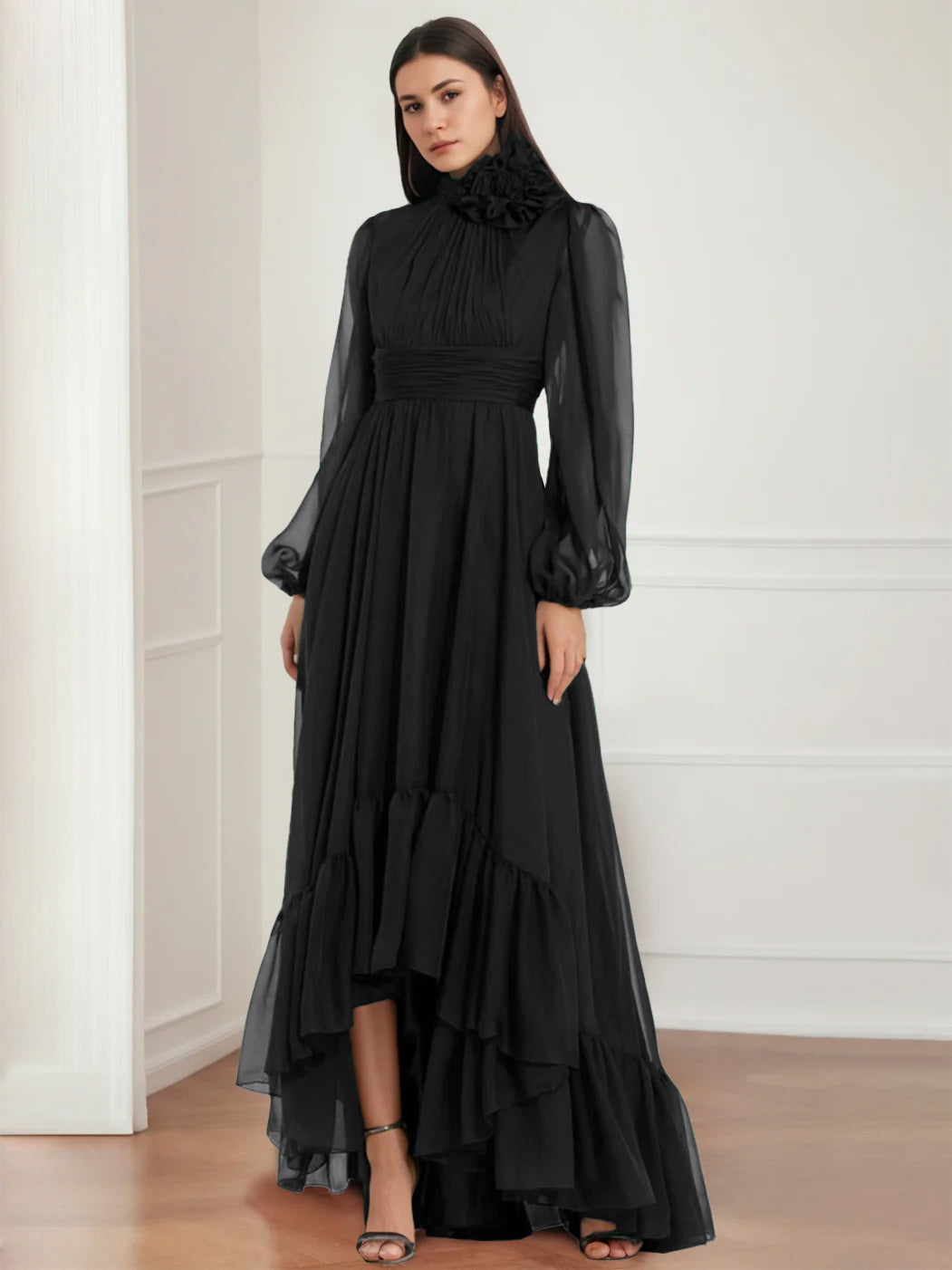 Robe de Mère de la Mariée Asymétrique à Manches Longues et Col Bijou, Coupe A-Line/Princess, avec Fleurs et Volants