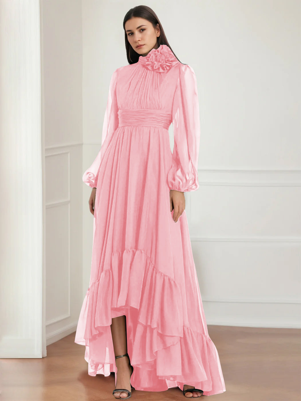 Robe de Mère de la Mariée Asymétrique à Manches Longues et Col Bijou, Coupe A-Line/Princess, avec Fleurs et Volants