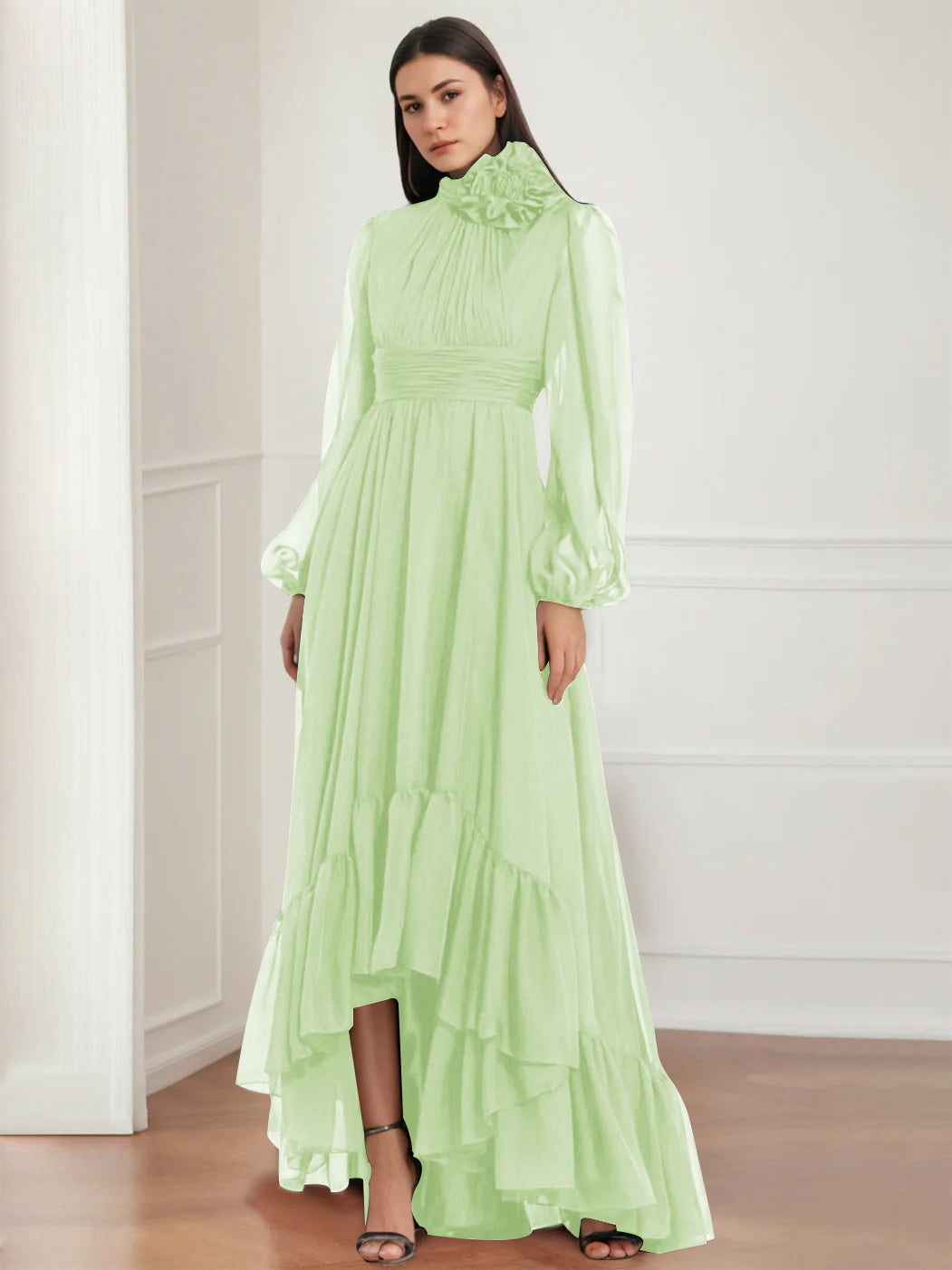 Robe de Mère de la Mariée Asymétrique à Manches Longues et Col Bijou, Coupe A-Line/Princess, avec Fleurs et Volants