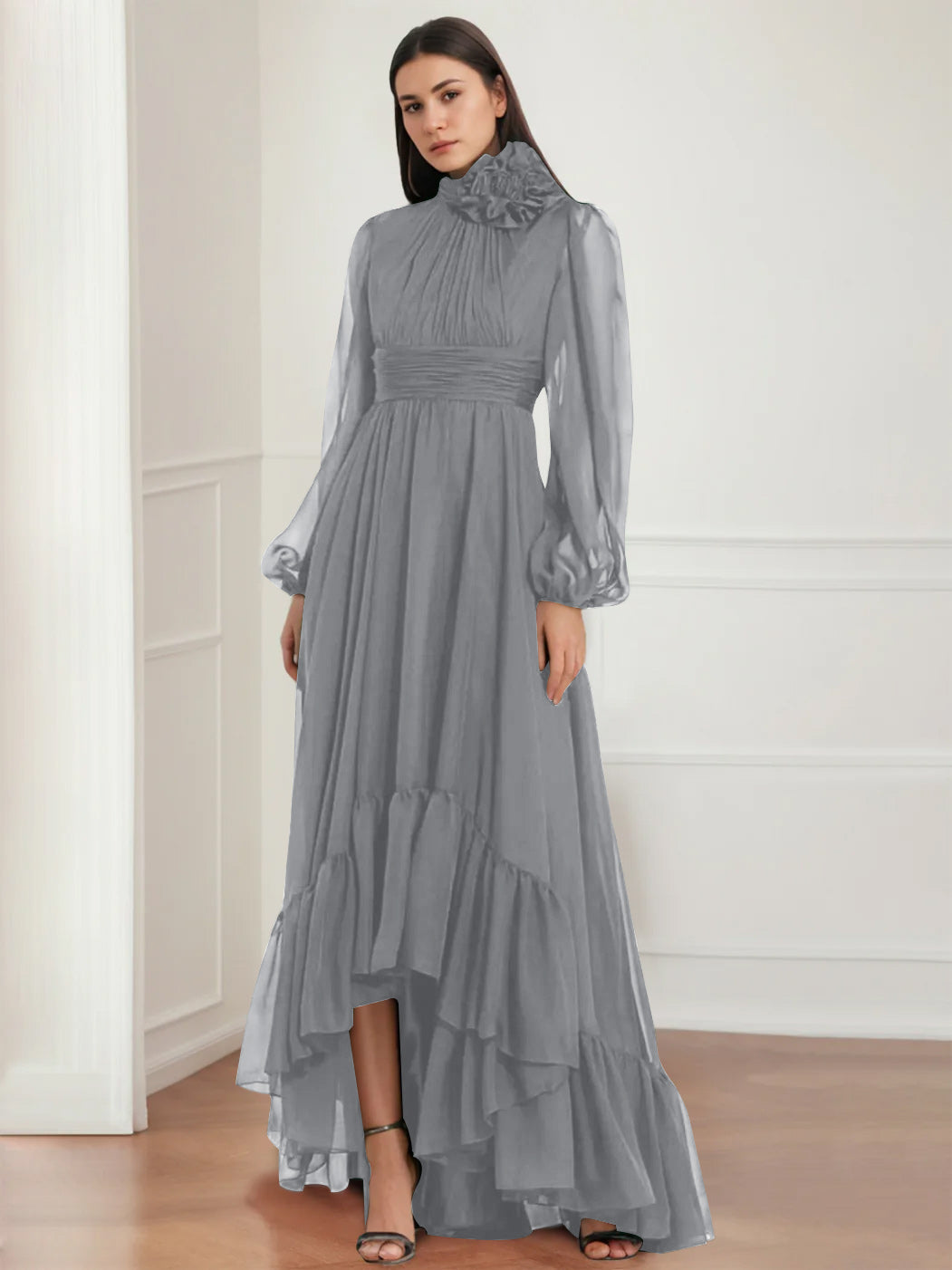 Robe de Mère de la Mariée Asymétrique à Manches Longues et Col Bijou, Coupe A-Line/Princess, avec Fleurs et Volants