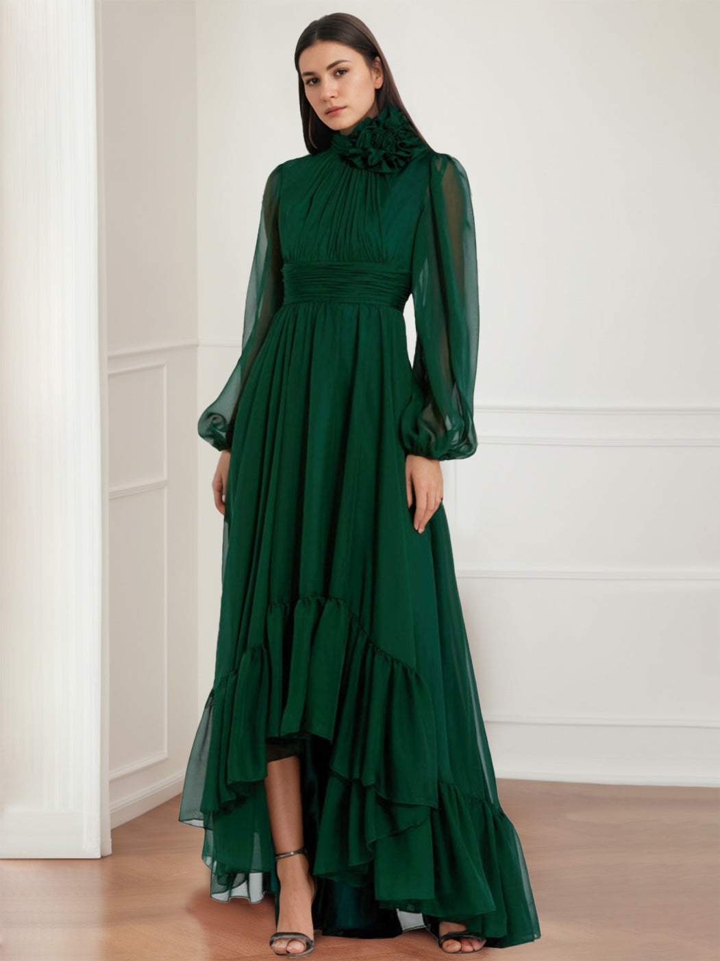 Robe de Mère de la Mariée Asymétrique à Manches Longues et Col Bijou, Coupe A-Line/Princess, avec Fleurs et Volants
