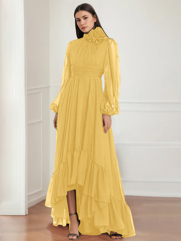 Robe de Mère de la Mariée Asymétrique à Manches Longues et Col Bijou, Coupe A-Line/Princess, avec Fleurs et Volants