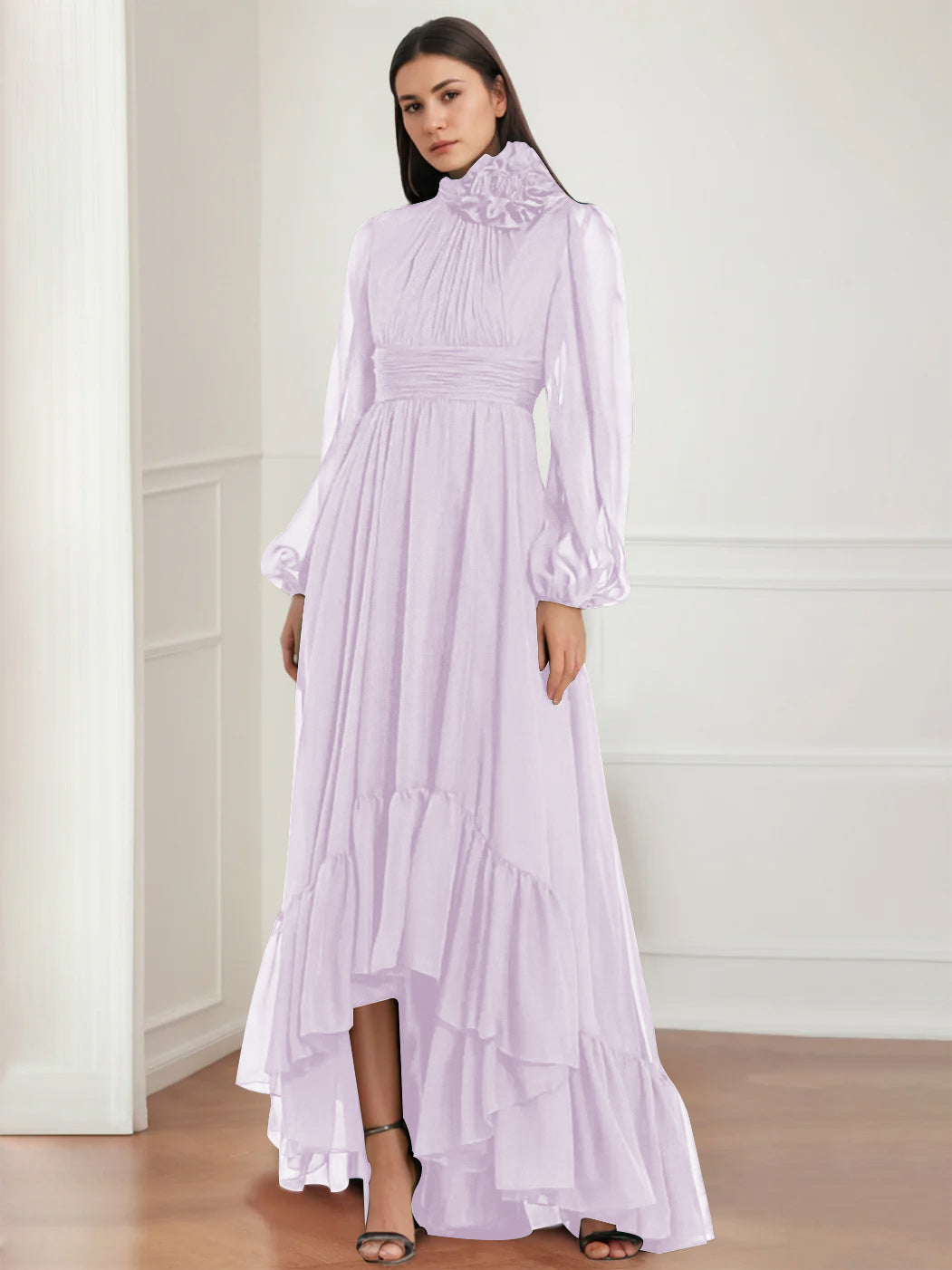 Robe de Mère de la Mariée Asymétrique à Manches Longues et Col Bijou, Coupe A-Line/Princess, avec Fleurs et Volants