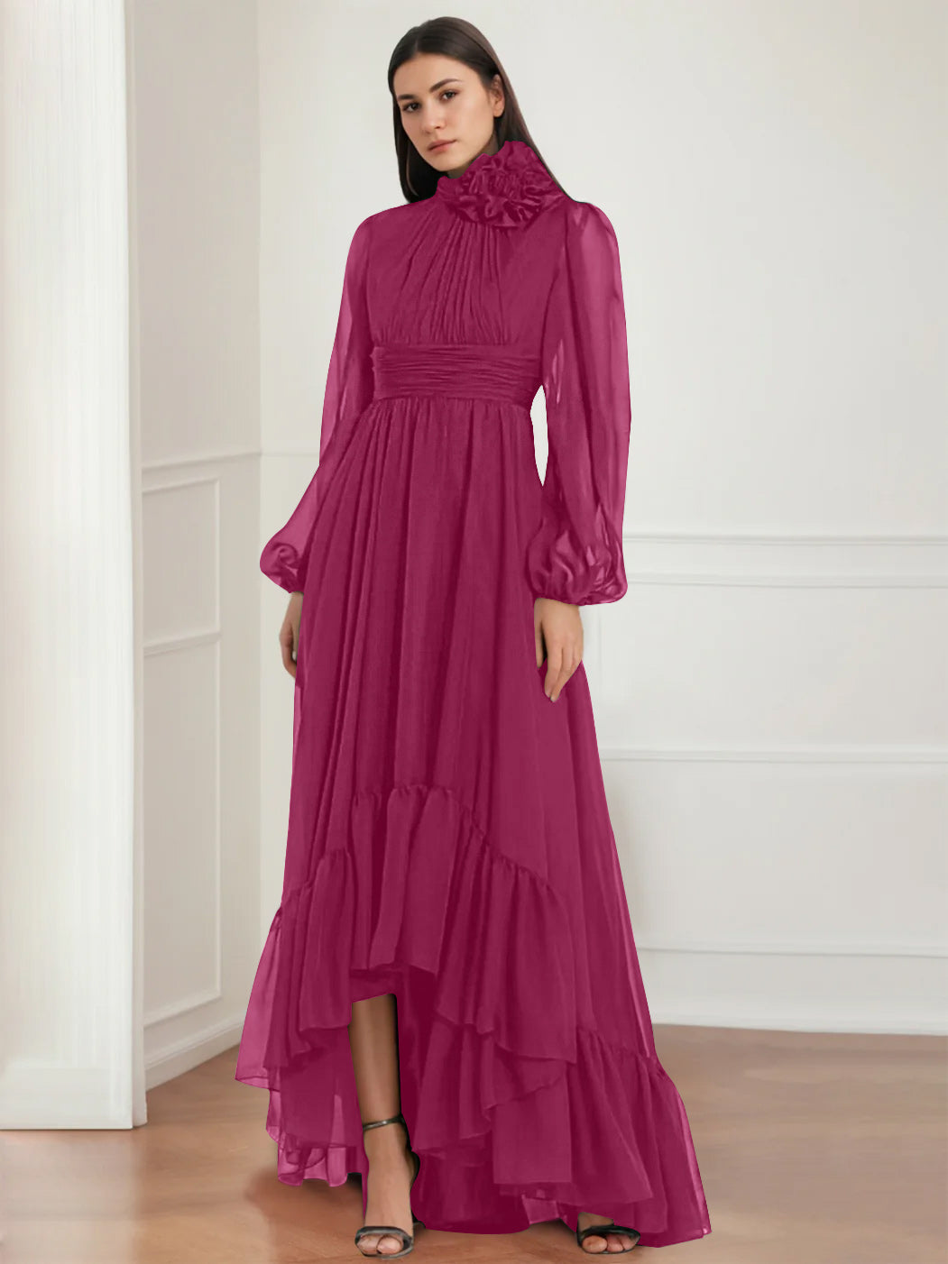 Robe de Mère de la Mariée Asymétrique à Manches Longues et Col Bijou, Coupe A-Line/Princess, avec Fleurs et Volants