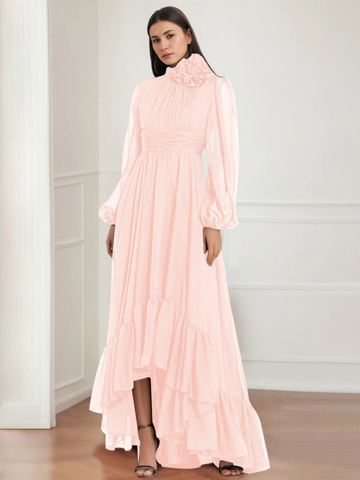 Robe de Mère de la Mariée Asymétrique à Manches Longues et Col Bijou, Coupe A-Line/Princess, avec Fleurs et Volants