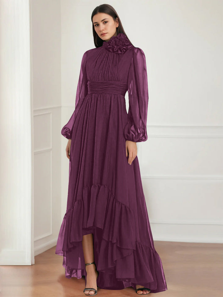 Robe de Mère de la Mariée Asymétrique à Manches Longues et Col Bijou, Coupe A-Line/Princess, avec Fleurs et Volants