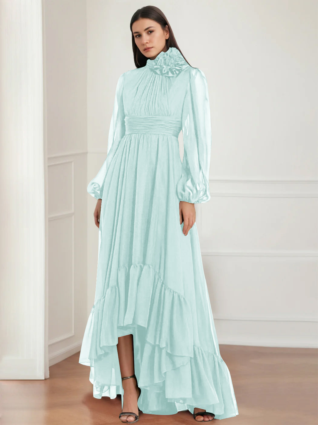 Robe de Mère de la Mariée Asymétrique à Manches Longues et Col Bijou, Coupe A-Line/Princess, avec Fleurs et Volants