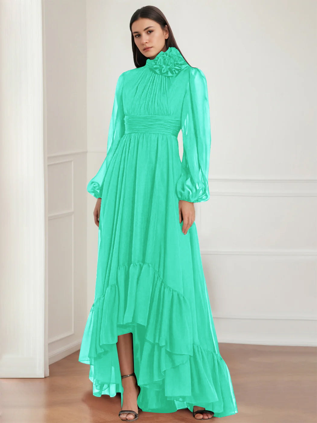 Robe de Mère de la Mariée Asymétrique à Manches Longues et Col Bijou, Coupe A-Line/Princess, avec Fleurs et Volants