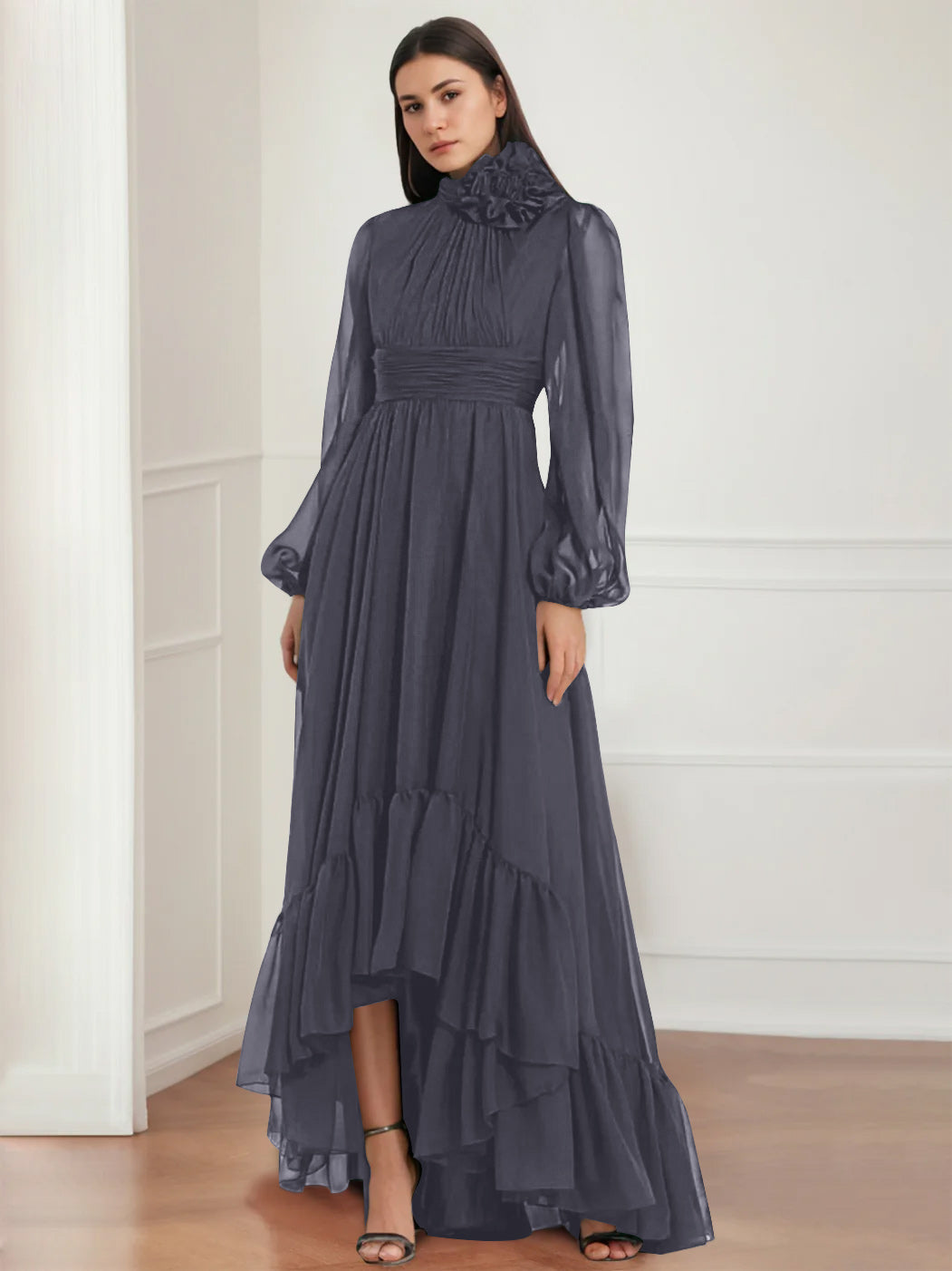 Robe de Mère de la Mariée Asymétrique à Manches Longues et Col Bijou, Coupe A-Line/Princess, avec Fleurs et Volants