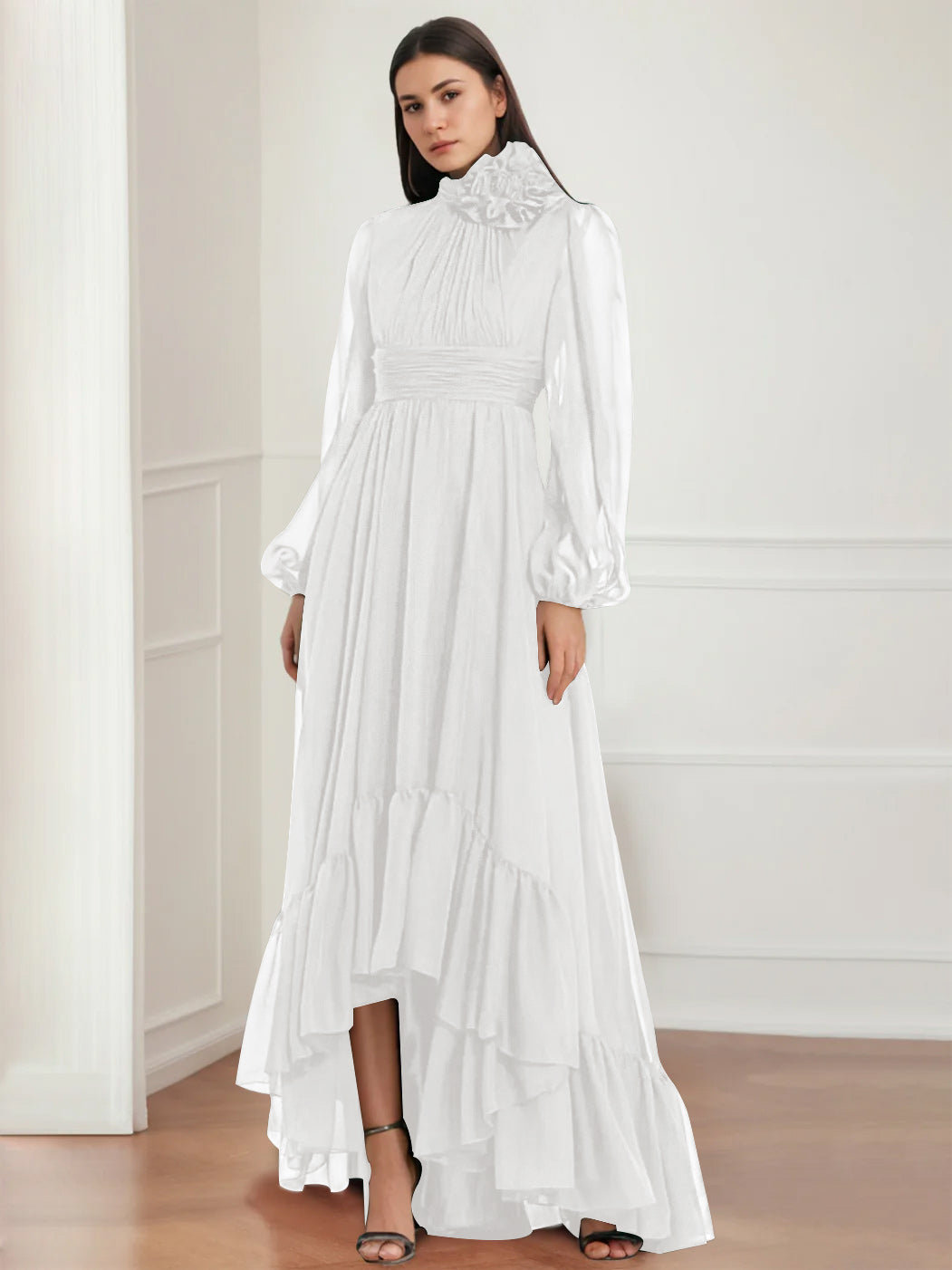 Robe de Mère de la Mariée Asymétrique à Manches Longues et Col Bijou, Coupe A-Line/Princess, avec Fleurs et Volants
