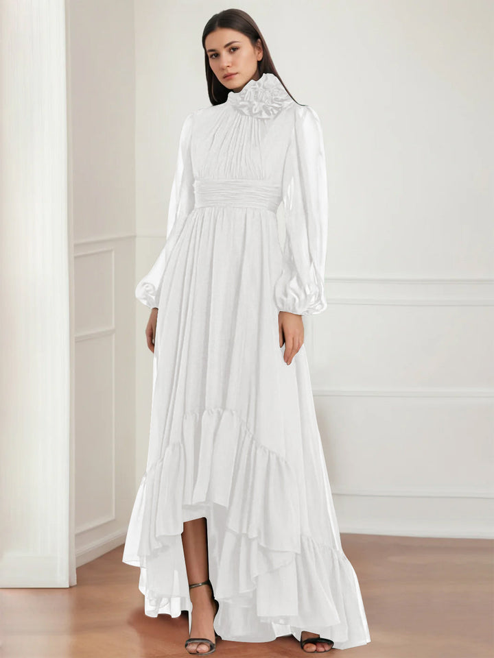 Robe de Mère de la Mariée Asymétrique à Manches Longues et Col Bijou, Coupe A-Line/Princess, avec Fleurs et Volants