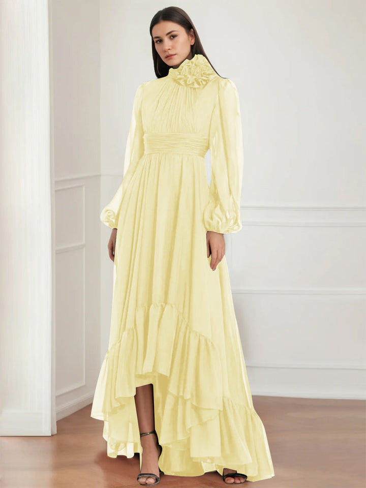 Robe de Mère de la Mariée Asymétrique à Manches Longues et Col Bijou, Coupe A-Line/Princess, avec Fleurs et Volants