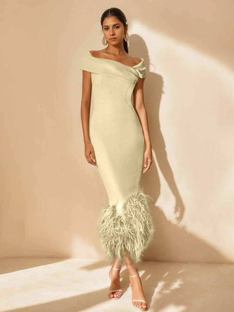 Robe De Mère De La Mariée Unique, Fourreau/Colonne, Épaules Dénudées, Manches Courtes, Longueur Thé, Avec Plumes