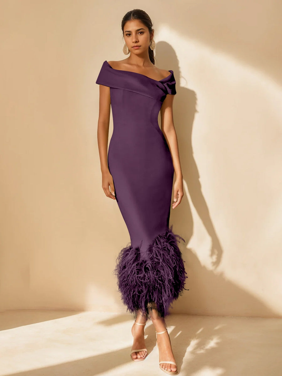 Robe De Mère De La Mariée Unique, Fourreau/Colonne, Épaules Dénudées, Manches Courtes, Longueur Thé, Avec Plumes
