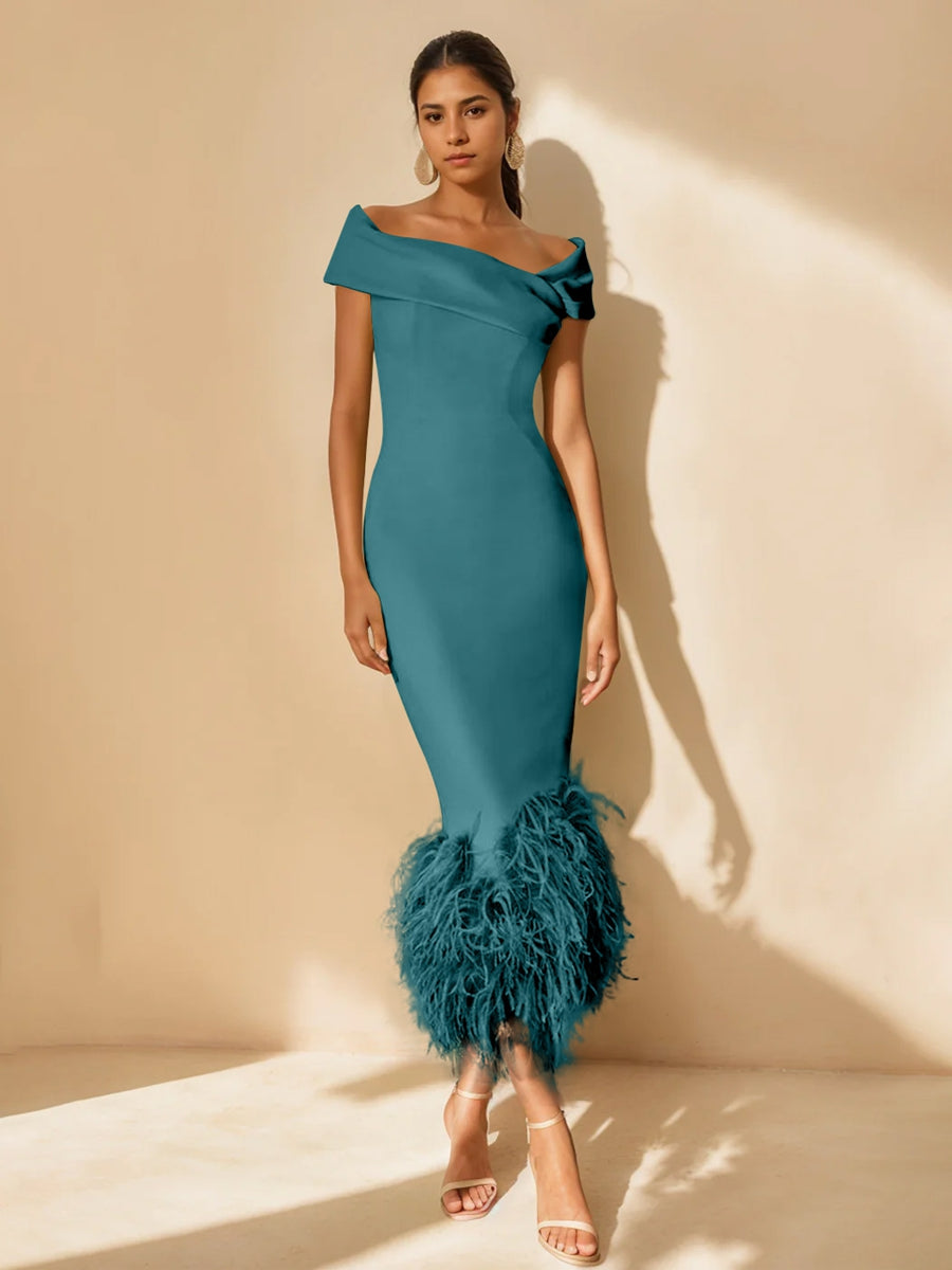 Robe De Mère De La Mariée Unique, Fourreau/Colonne, Épaules Dénudées, Manches Courtes, Longueur Thé, Avec Plumes