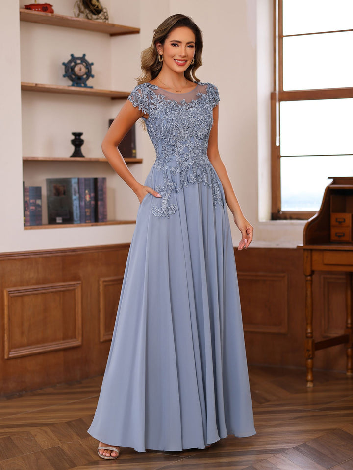 Robe de Mère de la Mariée Coupe A-Line/Princesse, Col Rond, Manches Courtes, Longueur Au Sol, avec Appliques