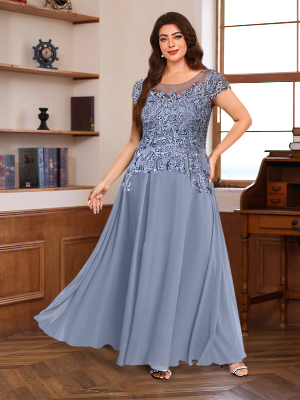 Ligne A/Princesse Scoop Neck Manches Courtes La Longueur du Sol Plus Taille Robes Mère de La Mariée avec Appliques