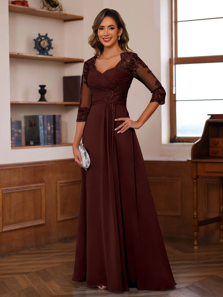 Robe de Mère de la Mariée Coupe A-Line/Princesse, Col en Cœur, Manches 3/4, Longueur Au Sol, avec Dentelle, Volants et Appliques