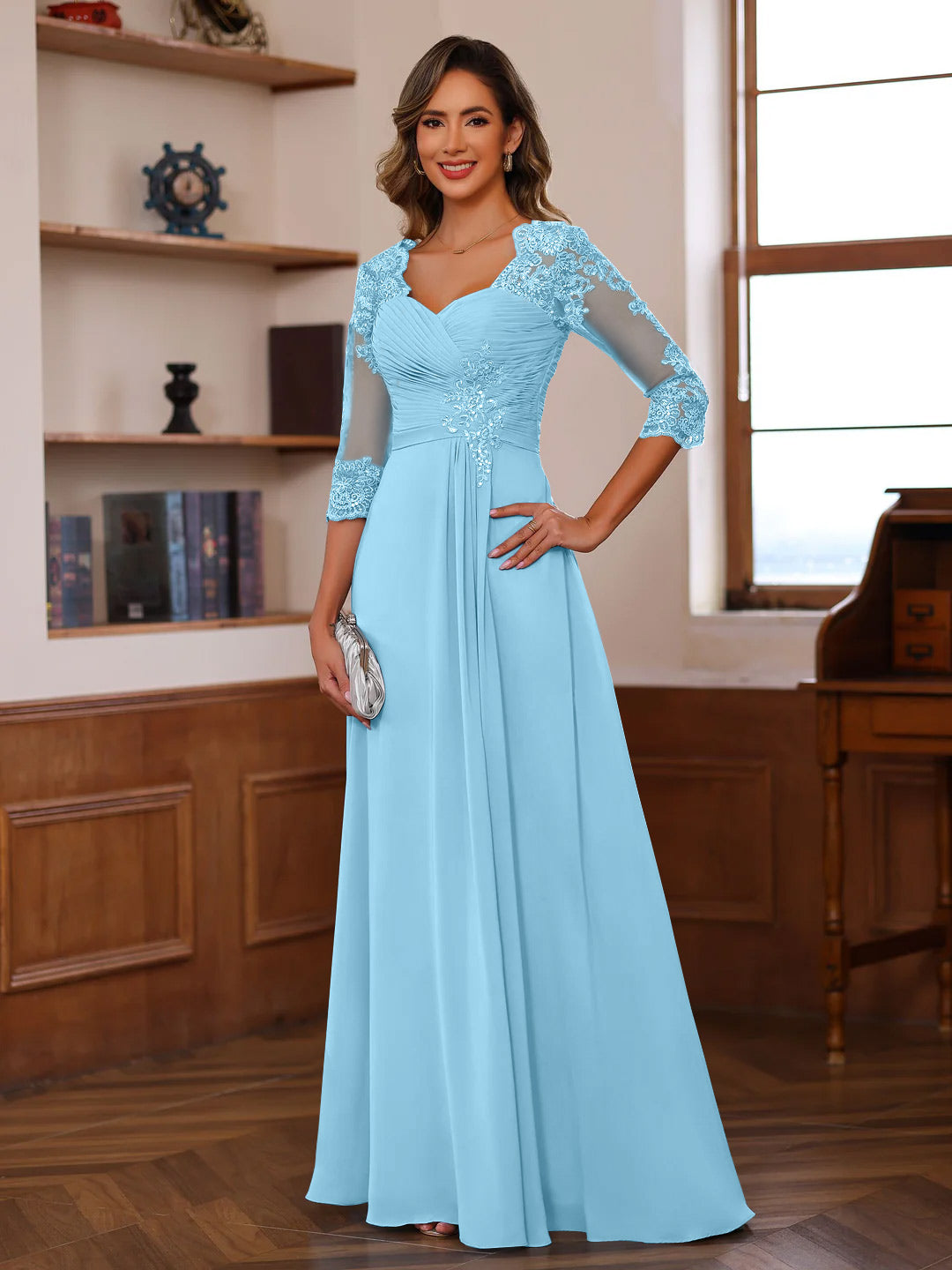 Robe de Mère de la Mariée Coupe A-Line/Princesse, Col en Cœur, Manches 3/4, Longueur Au Sol, avec Dentelle, Volants et Appliques