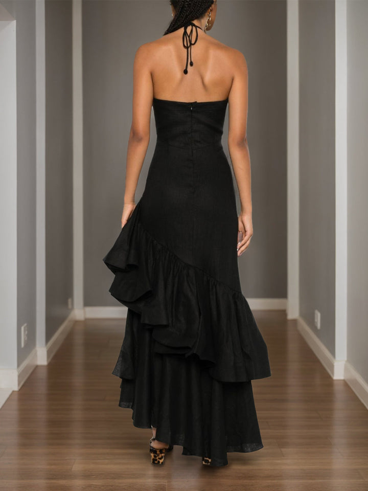 Robe de Soirée Asymétrique à Volants, Coupe A-Line/Princesse, Col en Cœur, Sans Manches
