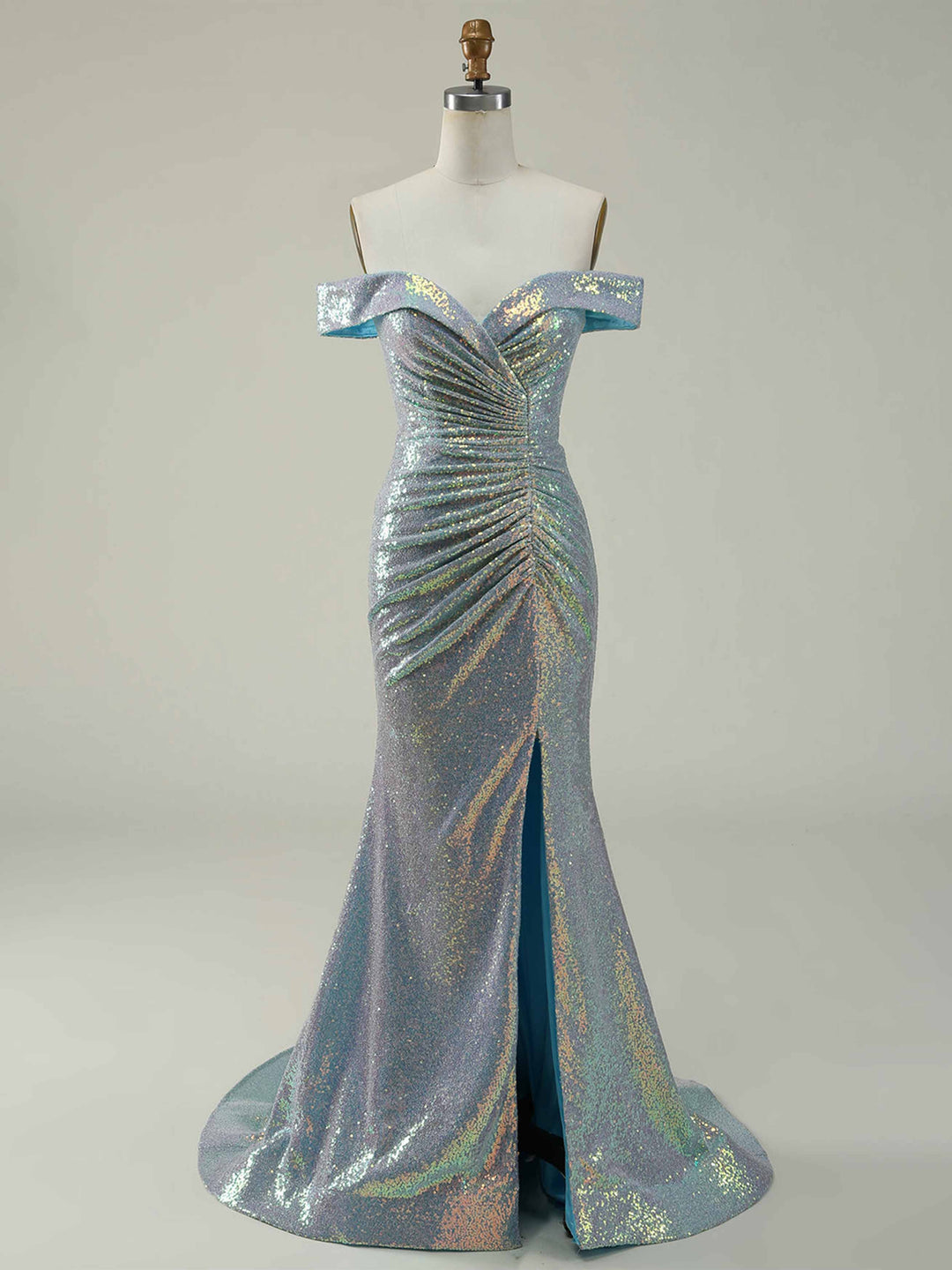 Robe de Mère de la Mariée Sirène/Trompette à Épaules Dénudées Sans Manches, Longue Au Sol, avec Fente Latérale, Paillettes et Volants