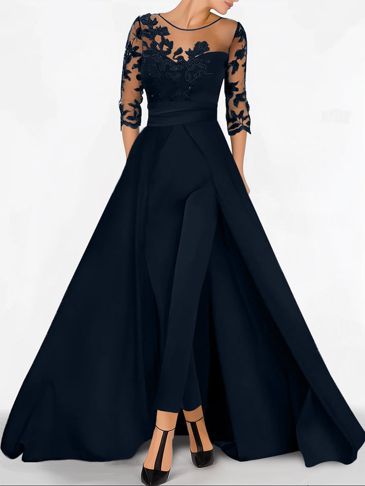 Combinaison pour Mère de la Mariée, Coupe A-Line/Princess, Manches 3/4, Longueur Au Sol, avec Appliqués