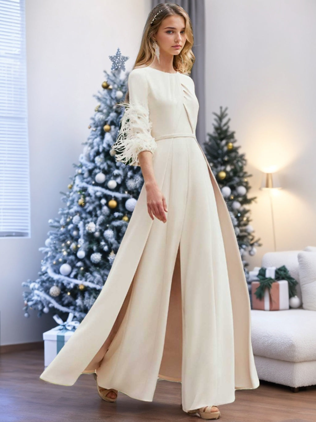 Tailleur-Pantalon en de Soie à Col Bijou et Manches Mi-Longues pour Mère de la Mariée avec Plumes