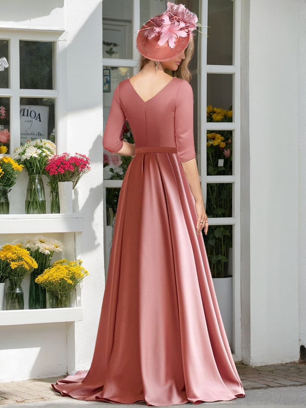 Robe de Mère de la Mariée Coupe A-Line/Princesse, Col en V, Manches 3/4, Longueur Au Sol, avec Plis, Fronces et Fronces
