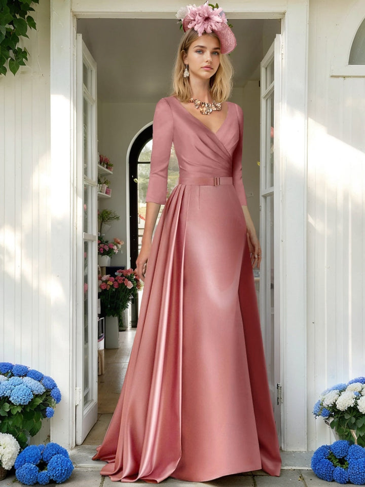 Robe de Mère de la Mariée Coupe A-Line/Princesse, Col en V, Manches 3/4, Longueur Au Sol, avec Plis, Fronces et Fronces