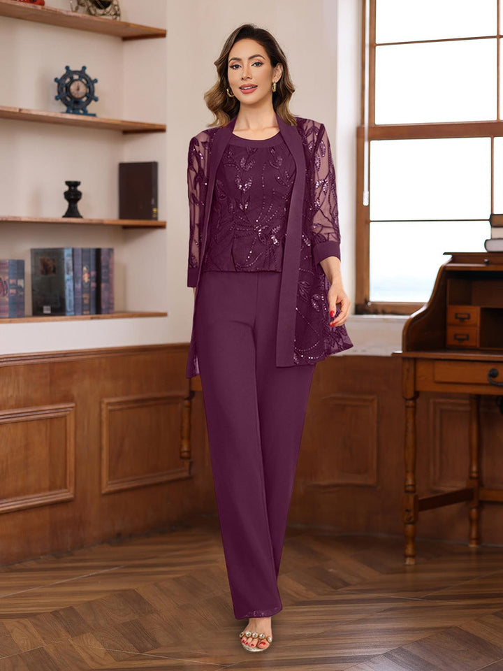 3 Morceaux Mousseline Col rond La Longueur du SolTailleurs-pantalons pour mère de la mariée avec Paillettes