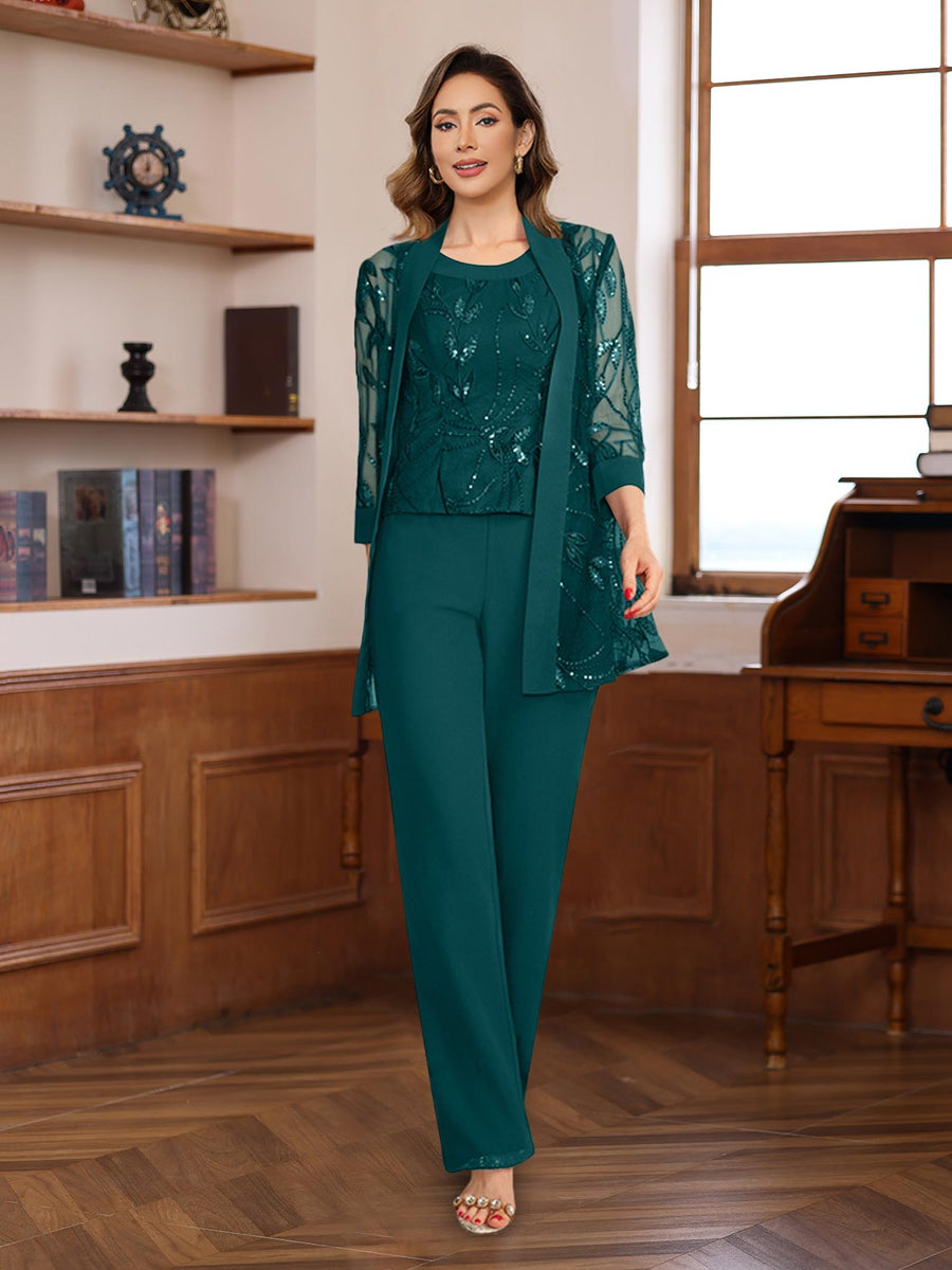 3 Morceaux Mousseline Col rond La Longueur du SolTailleurs-pantalons pour mère de la mariée avec Paillettes