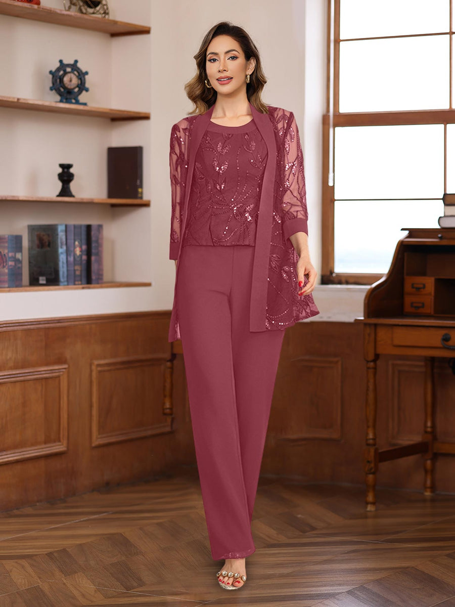3 Morceaux Mousseline Col rond La Longueur du SolTailleurs-pantalons pour mère de la mariée avec Paillettes
