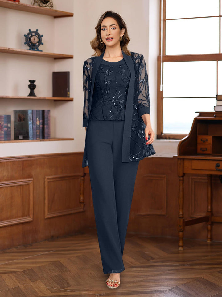 3 Morceaux Mousseline Col rond La Longueur du SolTailleurs-pantalons pour mère de la mariée avec Paillettes
