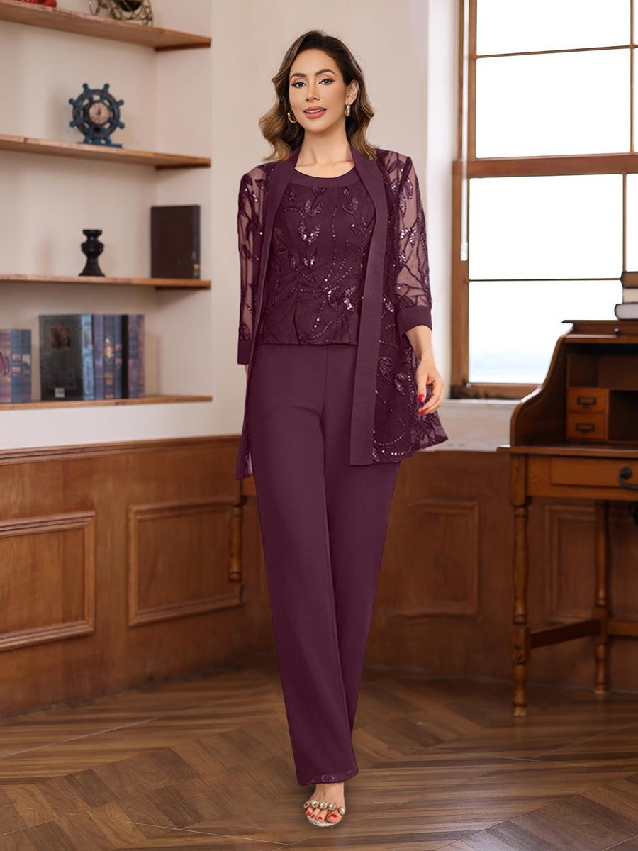 3 Morceaux Mousseline Col rond La Longueur du SolTailleurs-pantalons pour mère de la mariée avec Paillettes