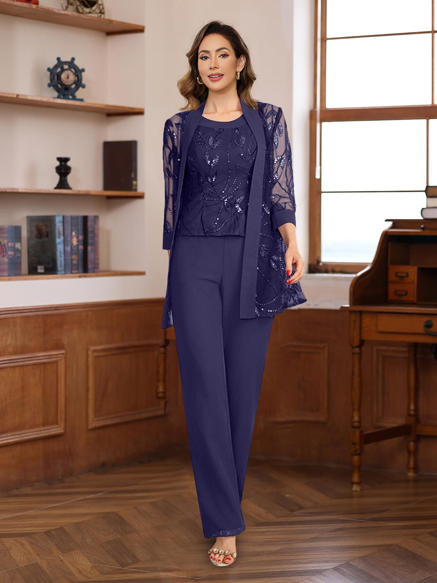 3 Morceaux Mousseline Col rond La Longueur du SolTailleurs-pantalons pour mère de la mariée avec Paillettes