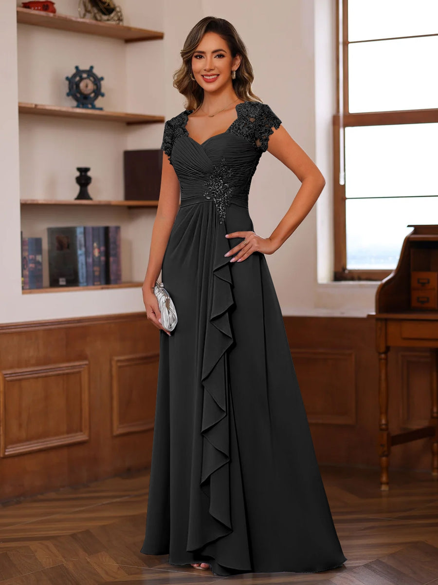 Ligne A/Princesse Col en V Manches Courtes Pleated Mère of the Mariée & Groom Robes avec Froufrous & Appliques