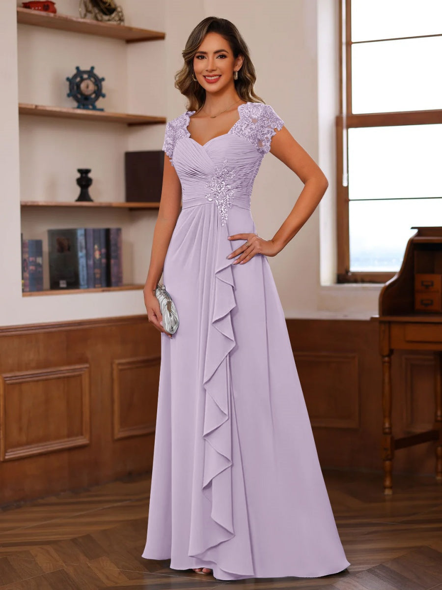 Ligne A/Princesse Col en V Manches Courtes Pleated Mère of the Mariée & Groom Robes avec Froufrous & Appliques