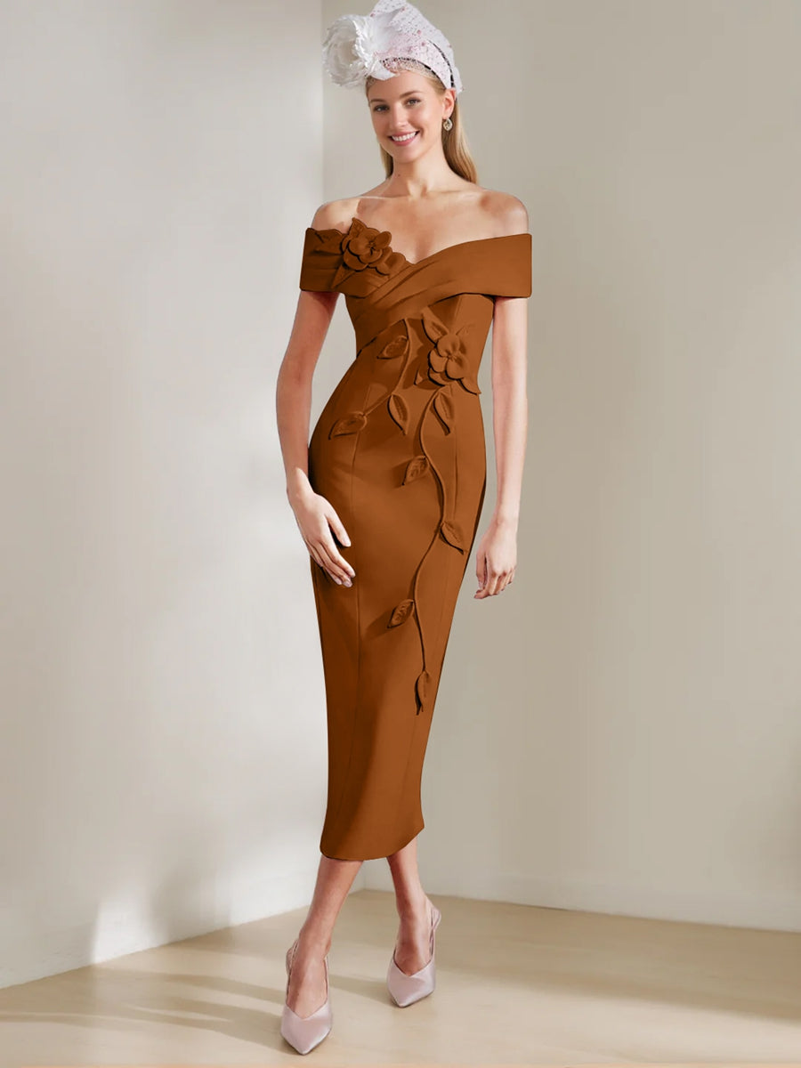 Gaine/Colonne Hors de l'Épaule Longueur de Thé Robes Mère de La Mariée avec 3D Fleurs