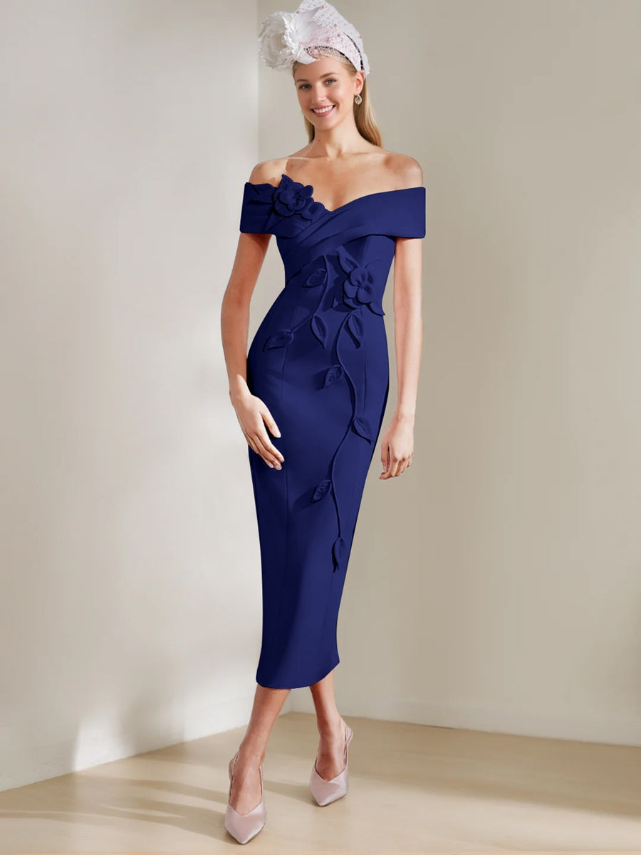 Gaine/Colonne Hors de l'Épaule Longueur de Thé Robes Mère de La Mariée avec 3D Fleurs