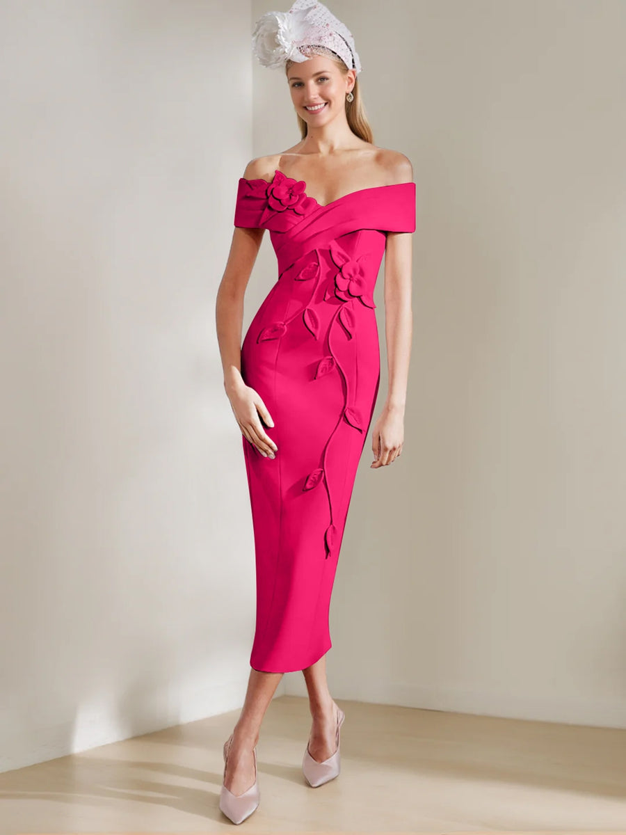 Gaine/Colonne Hors de l'Épaule Longueur de Thé Robes Mère de La Mariée avec 3D Fleurs