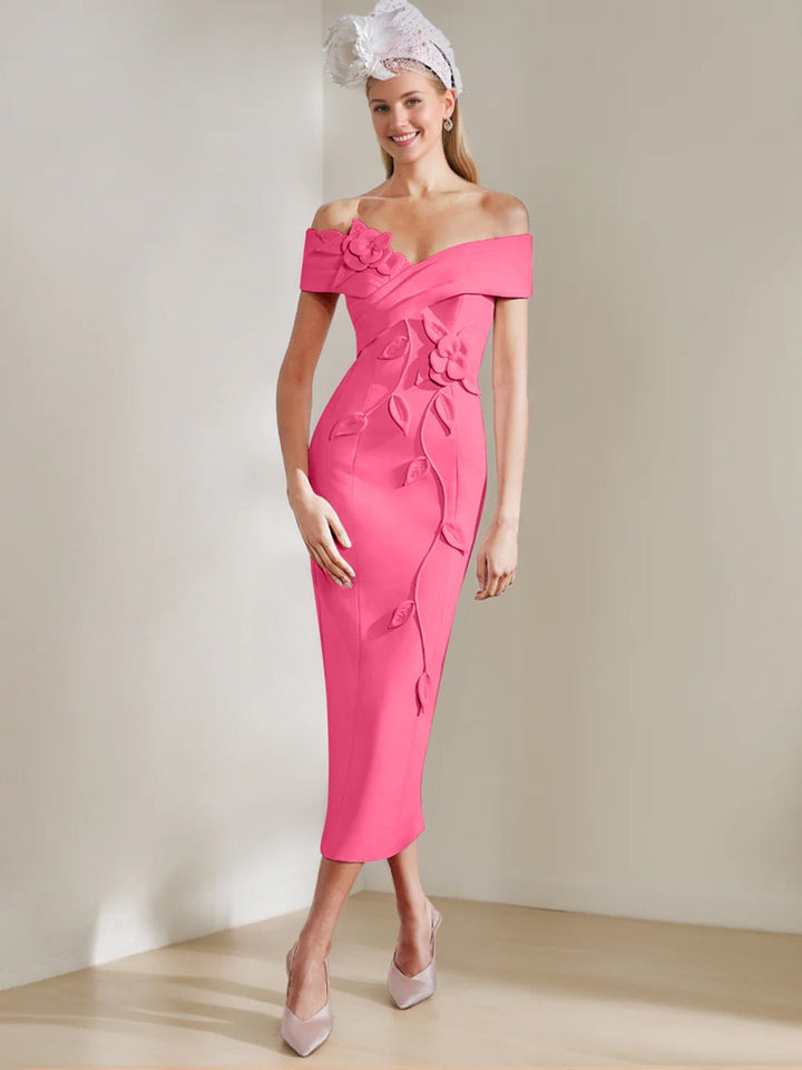 Gaine/Colonne Hors de l'Épaule Longueur de Thé Robes Mère de La Mariée avec 3D Fleurs