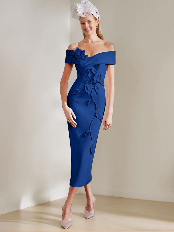 Gaine/Colonne Hors de l'Épaule Longueur de Thé Robes Mère de La Mariée avec 3D Fleurs