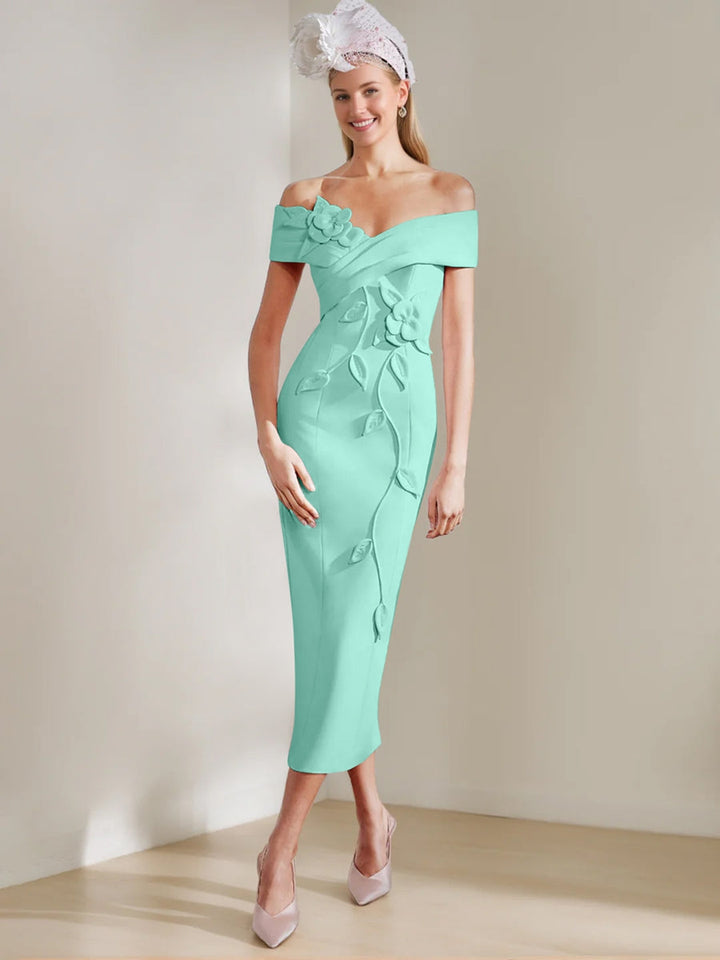 Gaine/Colonne Hors de l'Épaule Longueur de Thé Robes Mère de La Mariée avec 3D Fleurs