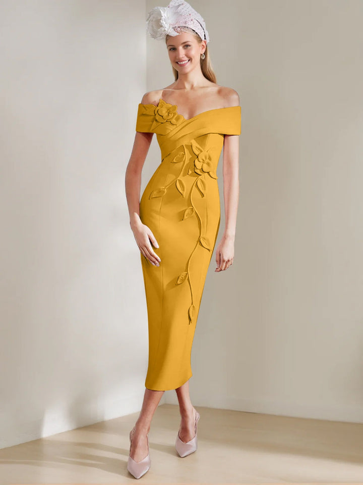 Gaine/Colonne Hors de l'Épaule Longueur de Thé Robes Mère de La Mariée avec 3D Fleurs
