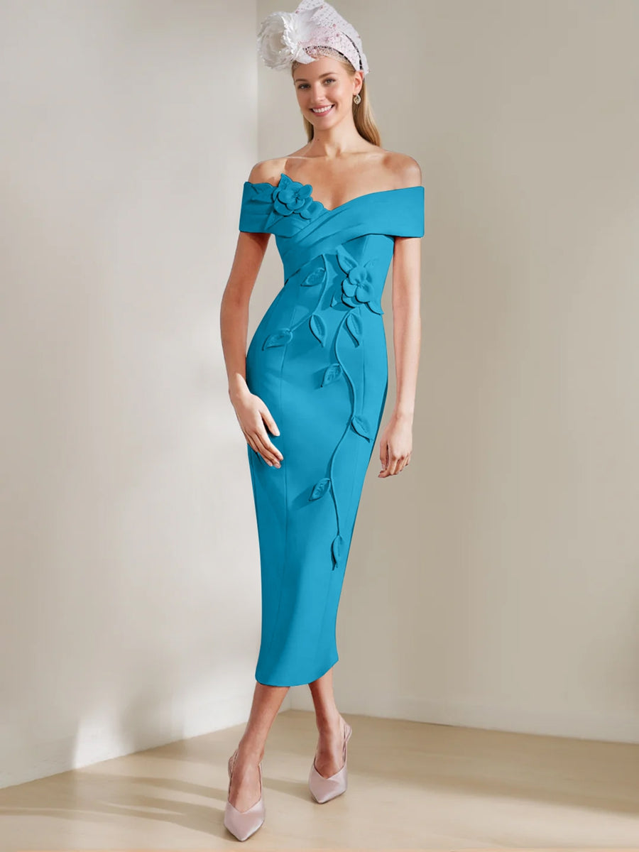Gaine/Colonne Hors de l'Épaule Longueur de Thé Robes Mère de La Mariée avec 3D Fleurs