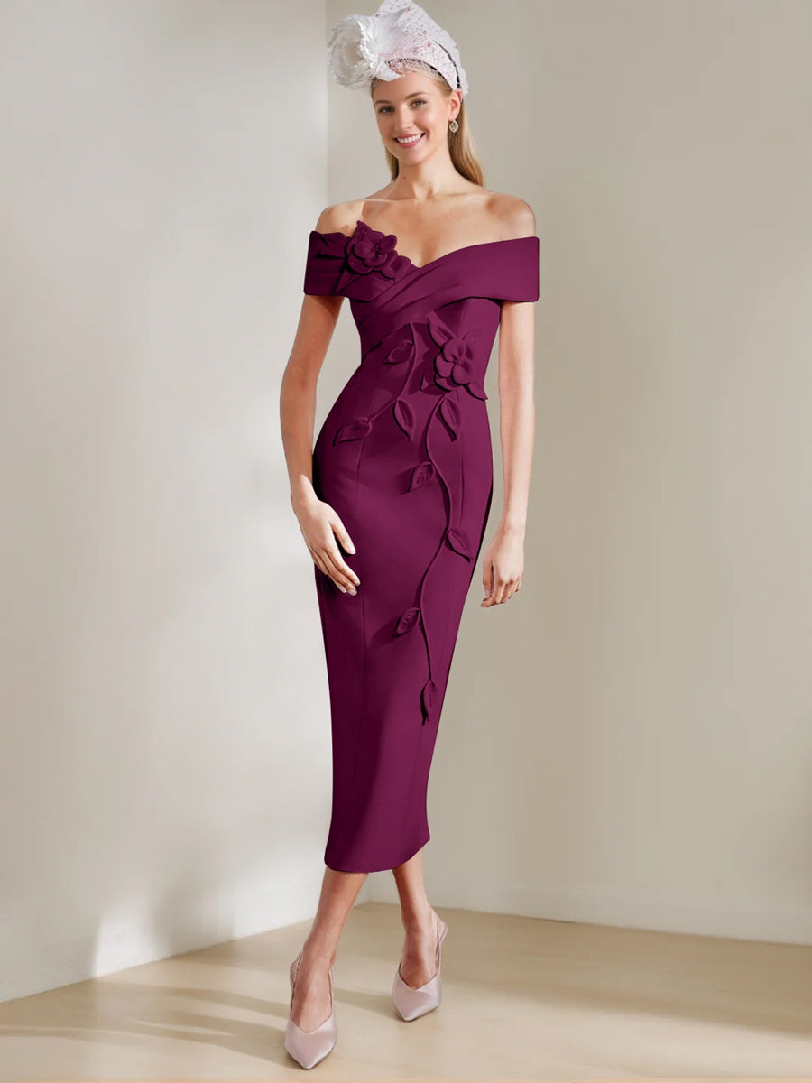 Gaine/Colonne Hors de l'Épaule Longueur de Thé Robes Mère de La Mariée avec 3D Fleurs