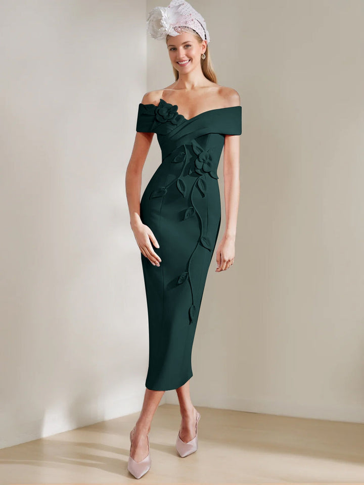 Gaine/Colonne Hors de l'Épaule Longueur de Thé Robes Mère de La Mariée avec 3D Fleurs