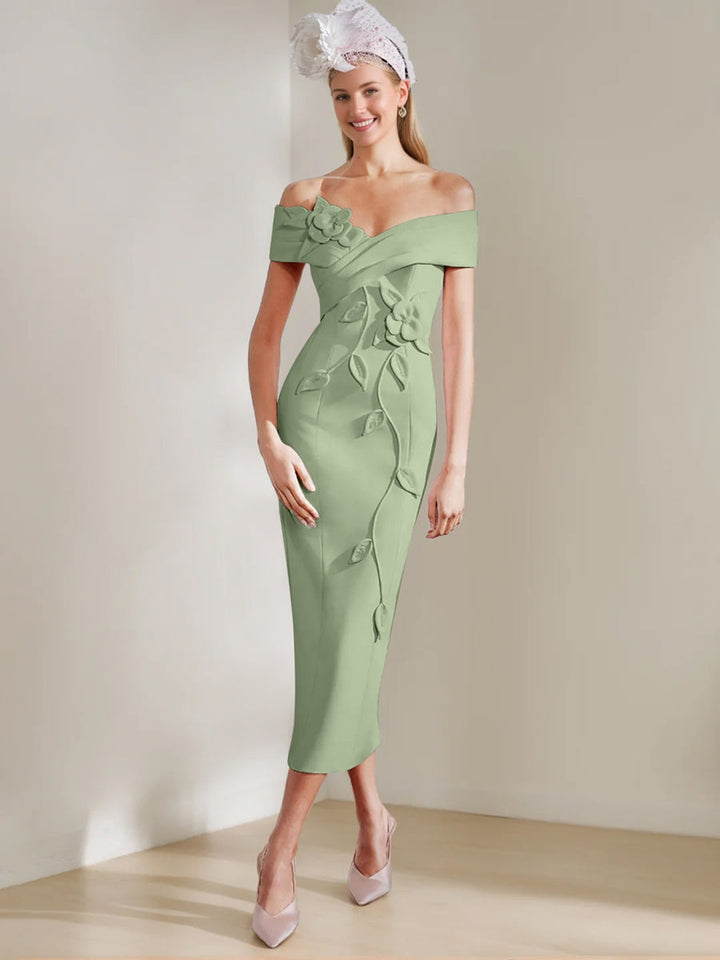 Gaine/Colonne Hors de l'Épaule Longueur de Thé Robes Mère de La Mariée avec 3D Fleurs