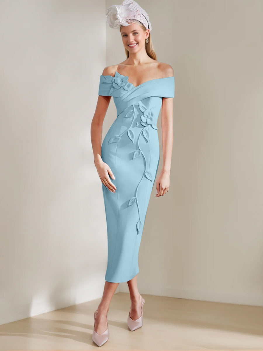 Gaine/Colonne Hors de l'Épaule Longueur de Thé Robes Mère de La Mariée avec 3D Fleurs